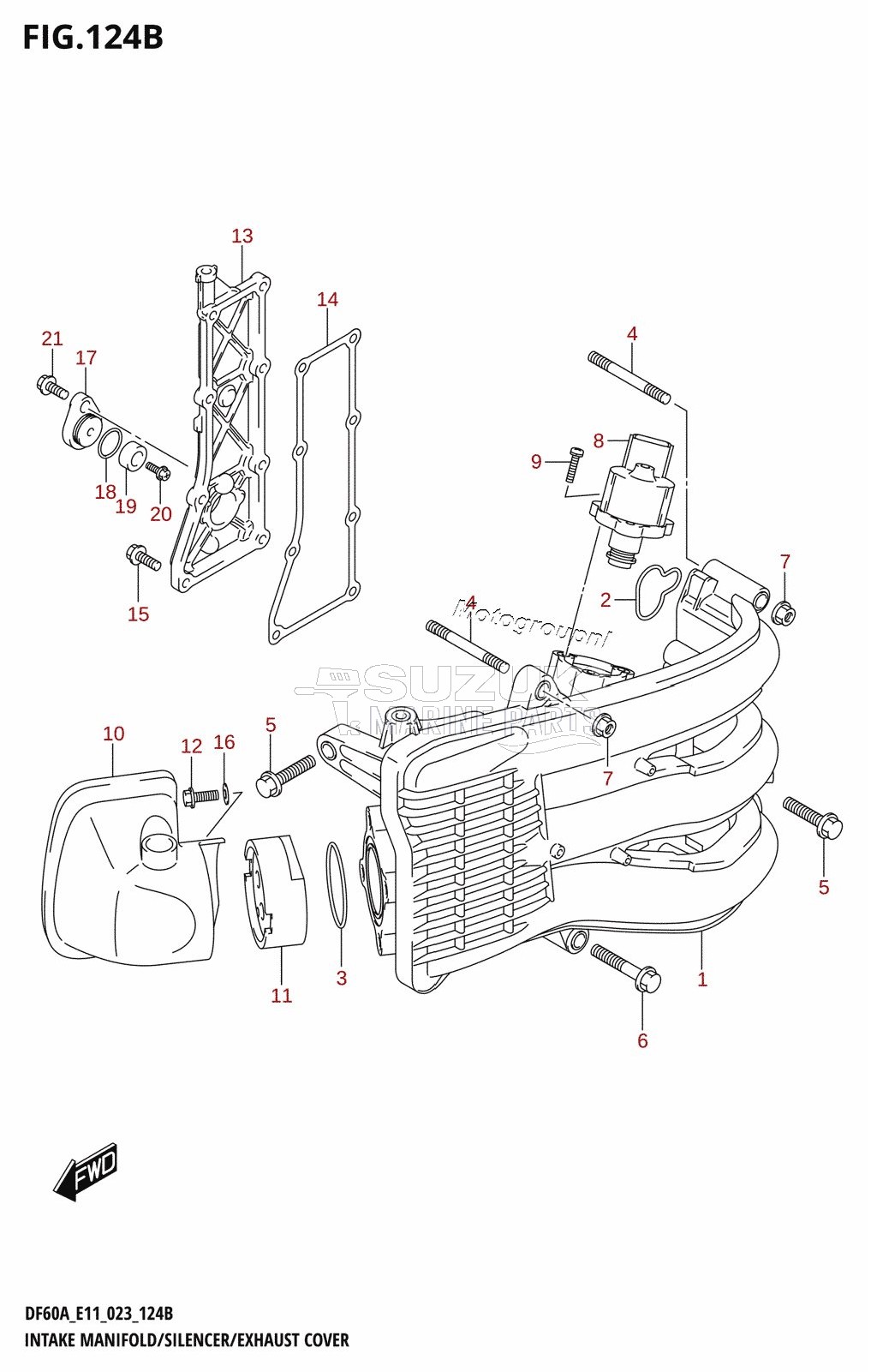 INTAKE MANIFOLD /​ SILENCER /​ EXHAUST COVER ((DF40A,DF40AQH,DF40ATH,DF40AST,DF40ASVT):(022,023))