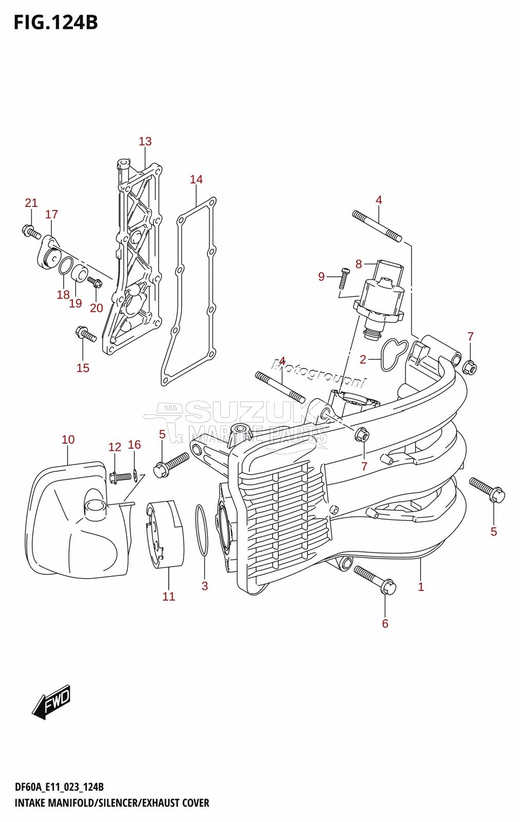 INTAKE MANIFOLD /​ SILENCER /​ EXHAUST COVER ((DF40A,DF40AQH,DF40ATH,DF40AST,DF40ASVT):(022,023))