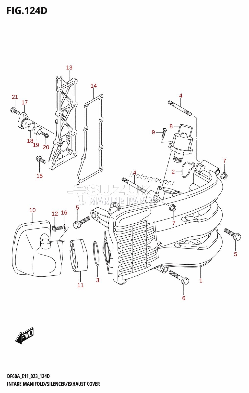 INTAKE MANIFOLD /​ SILENCER /​ EXHAUST COVER ((DF60A,DF60AQH,DF60ATH,DF60AVT,DF60AVTH):(022,023))